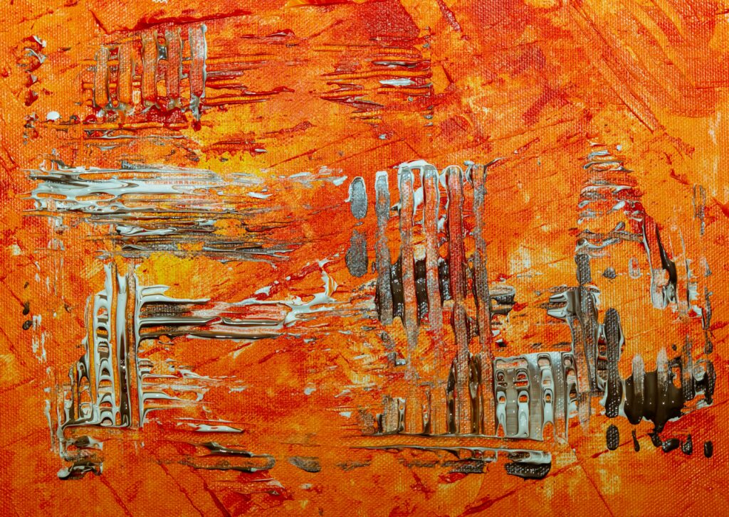 Dynamic abstract painting in vivid orange tones with layered textures and movement.